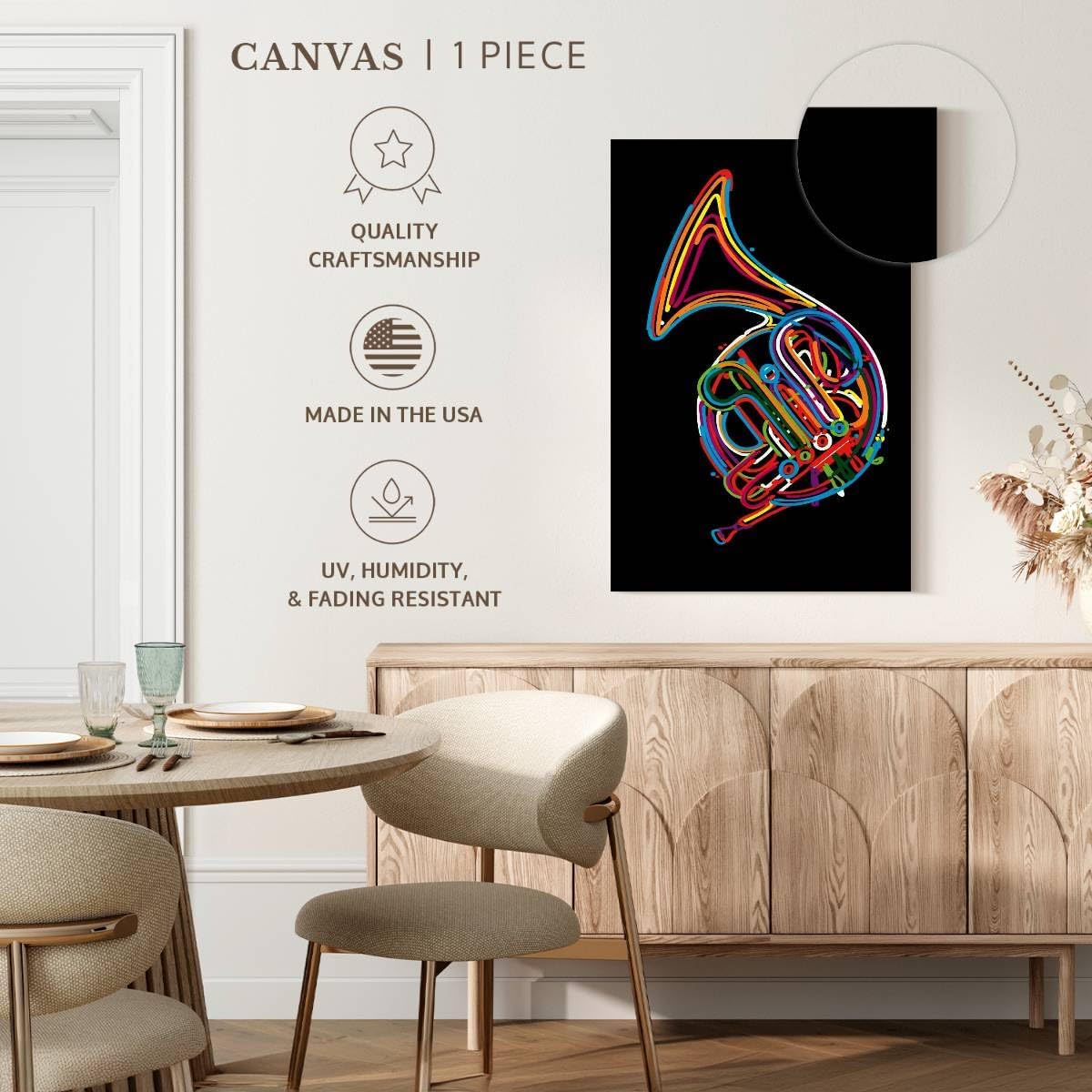 ElephantStock - French Horn In Colors Wall Art - Vertical Canvas Wall Art - Living Room Wall Decor - Digital Art Music Canvas Art - Black And Turquoise Decor - 34