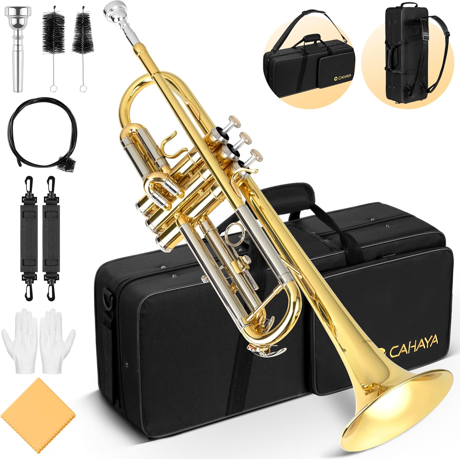 CAHAYA Bb Trumpet Instrument Trompeta: Brass Student Trumpet with Hard Case 7C Mouthpiece Gloves Standard Trumpets for Beginners or Advanced Students Gold