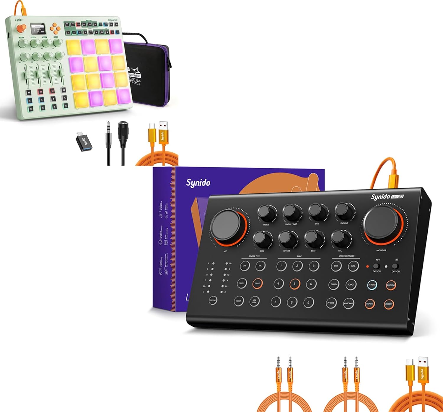 Synido Wireless MIDI Pad Controller & Podcast Equipment, Audio Interface for Podcasting with Pro-preamp, 48V Phantom, 9 Customize Sound Pads