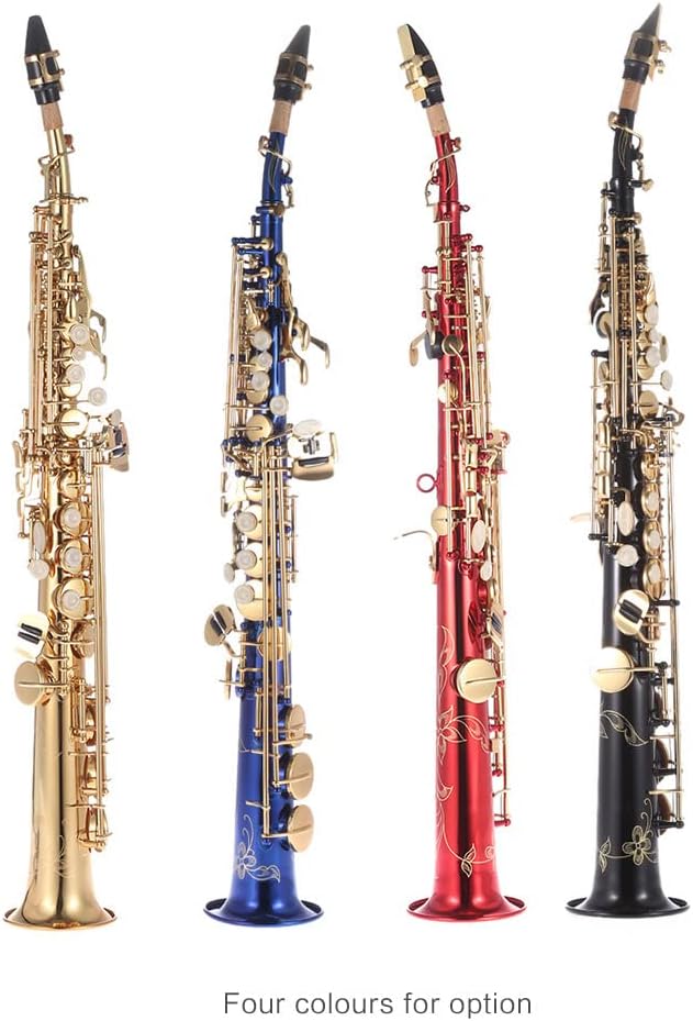 Brass Straight Soprano Sax Saxophone Bb B Flat Woodwind Instrument Natural Shell Key Carve Pattern with Carrying Case Gloves Cleaning Cloth Straps Cleaning Rod