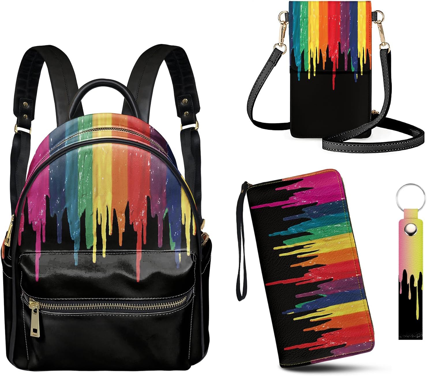 GLENLCWE Splatter Rainbow Oil Painting Leather Backpack for Women Causal Rucksack Satchel and Long Clutch Phone Bag Keychain for Travel Anti Theft