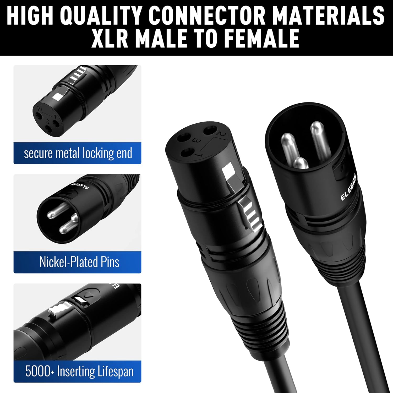 XLR Cable Microphone Cable 250 Feet,Elecan Heavy Duty Balanced XLR Speaker Cable (From 25-250FT) 3-Pin Shielded Male to Female Mic Cord,DMX Stage Lighting Patch Cable for Speaker Systems Mixer+10 Ties