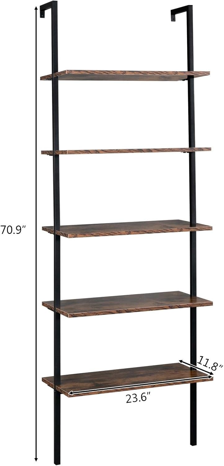 Vintage Open Ladder Wall-Mount Shelf, 5 Tier Bookcase with Metal Frame