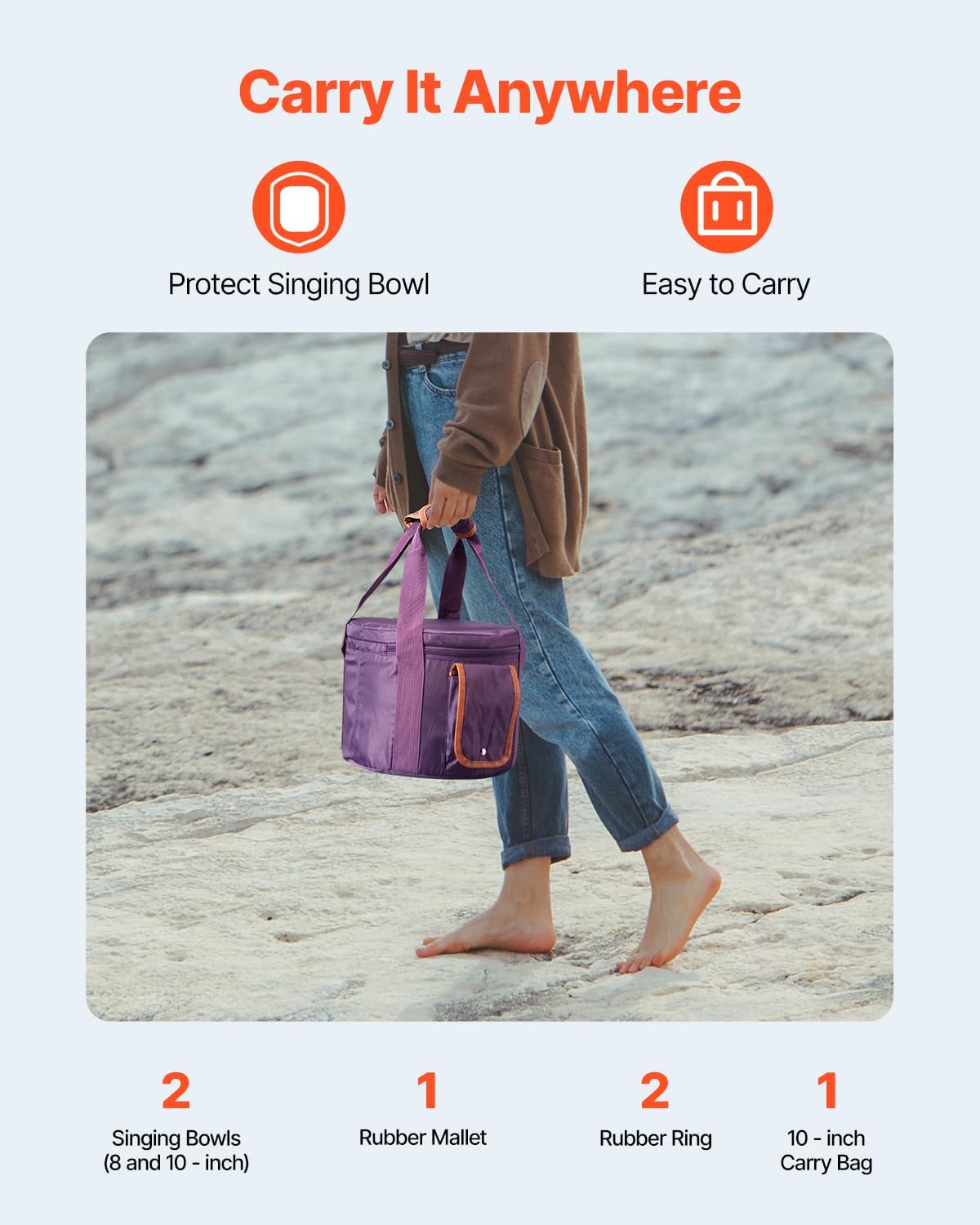 VEVOR 2PCS Crystal Singing Bowls, 8-inch and 10-inch A & F Note Singing Bowls, Frosted Quartz Singing Bowl with 10