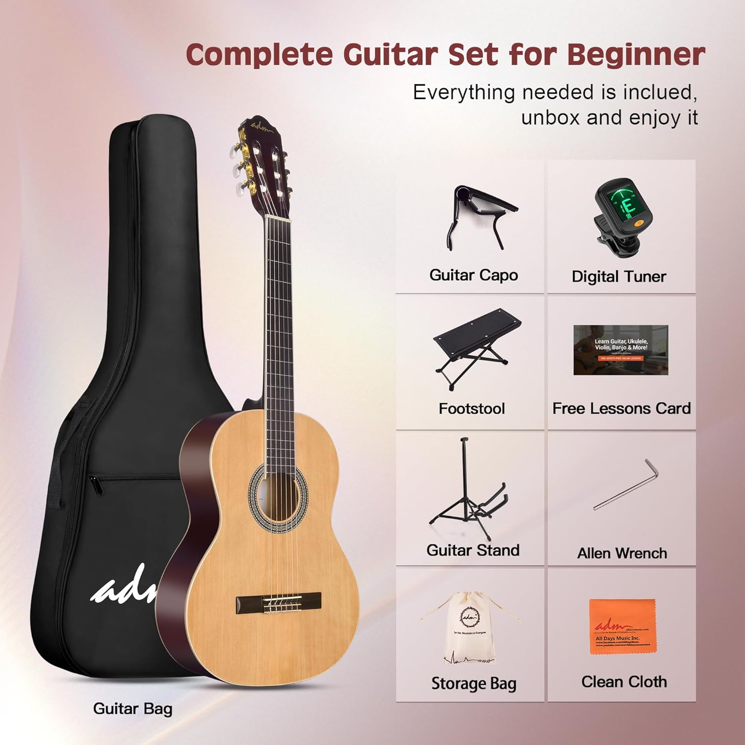 ADM Full Size Classical Nylon Strings Acoustic Guitar 29 x 75x 50mm Classic Guitarra Starter Bundle for Adult with Free Lessons, Gig Bag, Tuner, Footstool, Kids Student Beginner Kits, Nature