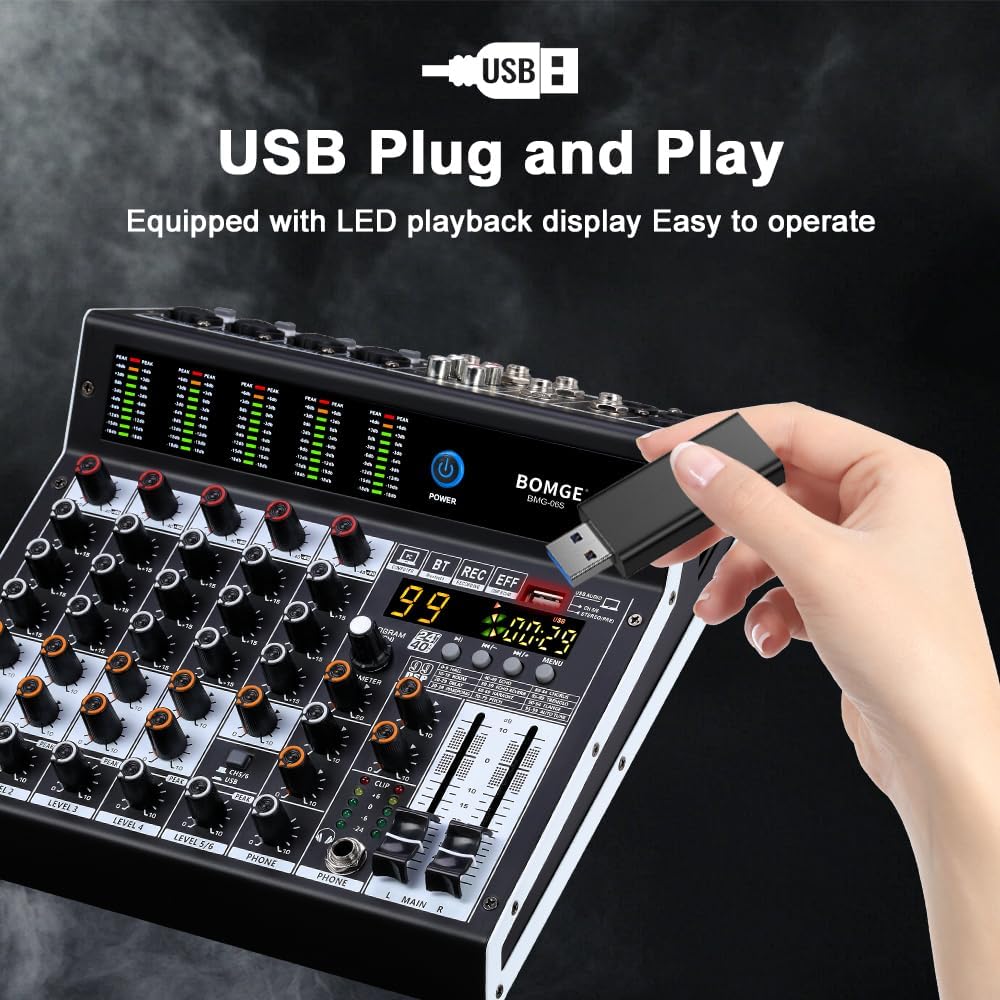 BOMGE Professional audio mixer 6 Channel Mixing Console with 99 DSP Effect,+48V Phantom, Bluetooth,USB Interface.2 AUX.FX Processor for studio recording & Live Performances