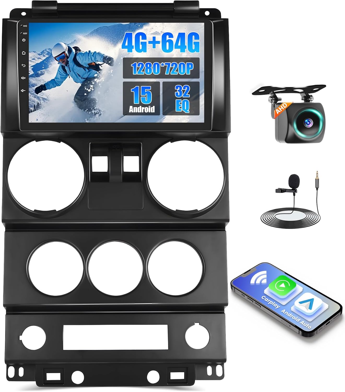 4+64G Car Stereo Radio for Jeep Wrangler (2 Doors) 2007-2010 with Wireless CarPlay Android Auto, 9 Inch Android Touchscreen for Jeep Wrangler Car Stereo with Bluetooth 5.0, FM/RDS, 32EQ, GPS, WiFi, UI