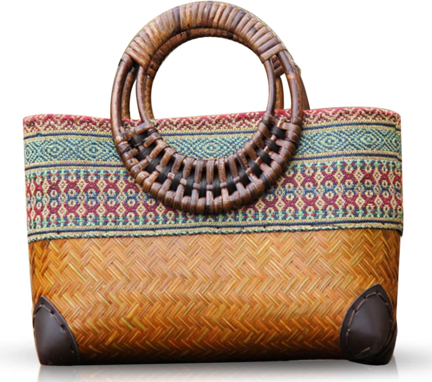 Straw Bag, Beach Bag for Women, Handmade Rattan Handbag, Boho Retro Woven Tote Bag Round Bamboo Handle, Summer Bag for Beach Vacation Daily