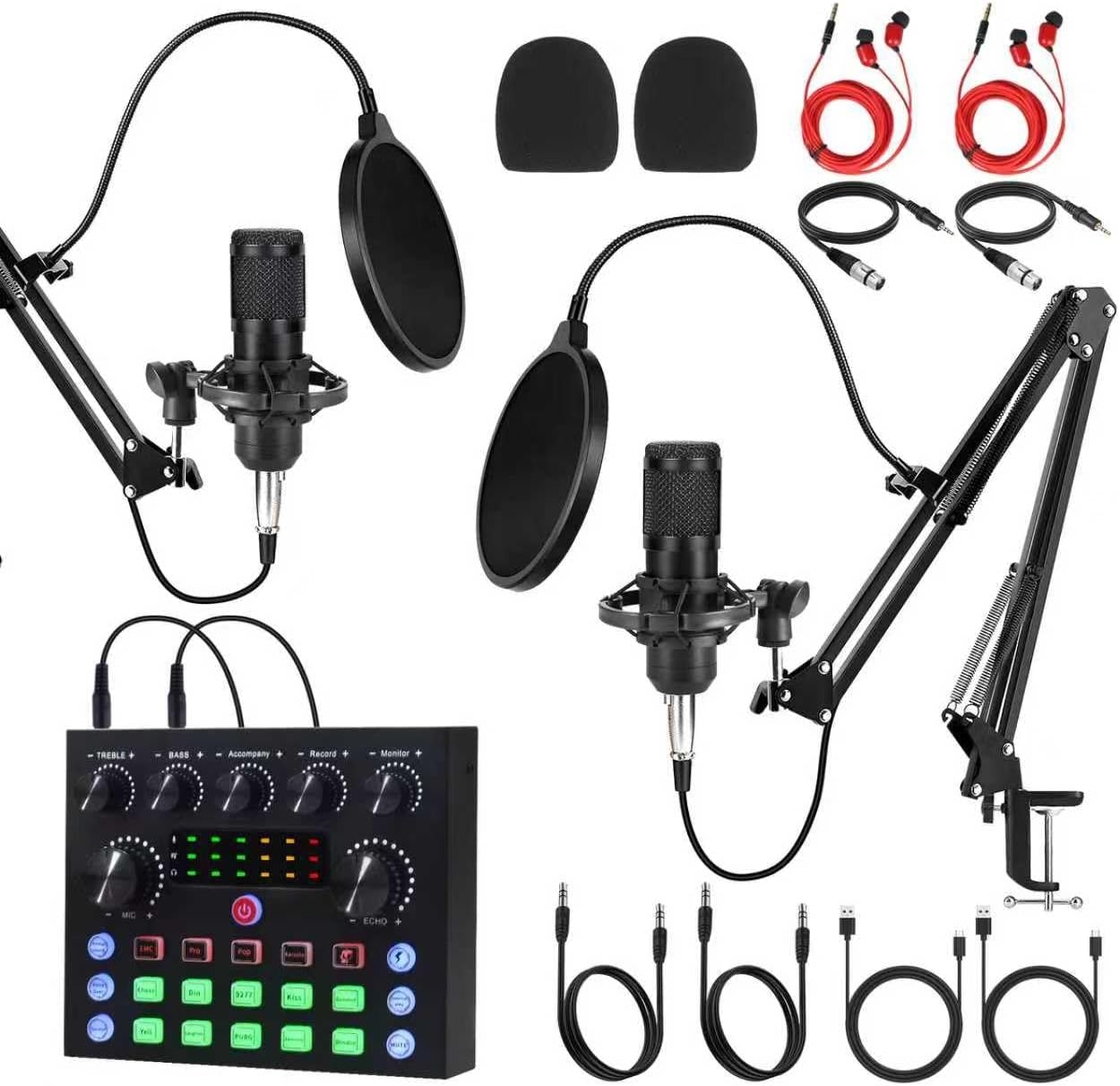 Podcast Equipment Bundle for 2, Studio Recording Kit with Dual Condenser Mics, Bluetooth Sound Card, DSP Effects, Real-Time Monitoring, Plug & Play for Streaming, Singing, Gaming, Online Class