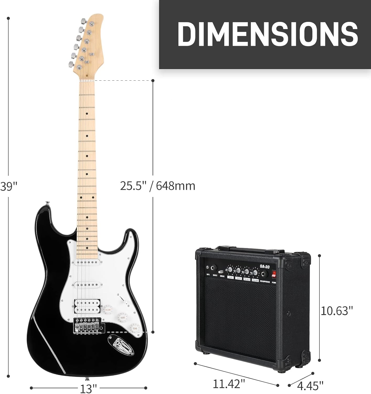 Ktaxon 39 Inch Electric Guitar Kit for Beginner, HSS Pickups 6 String Solid-Body Full Size Adults Electric Guitars W/Amplifier, Bag, Strap, Cable, Accessories - Black
