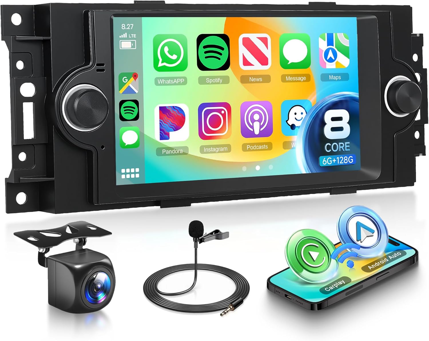 8 Core 6G+128G Car Radio for Jeep Wrangler Chrysler Dodge Commander Patriot Compass 300C with Wireless CarPlay Android Auto, 6.2” Car Stereo with GPS WiFi Mirror Link SWC BT FM RDS DSP Backup Camera