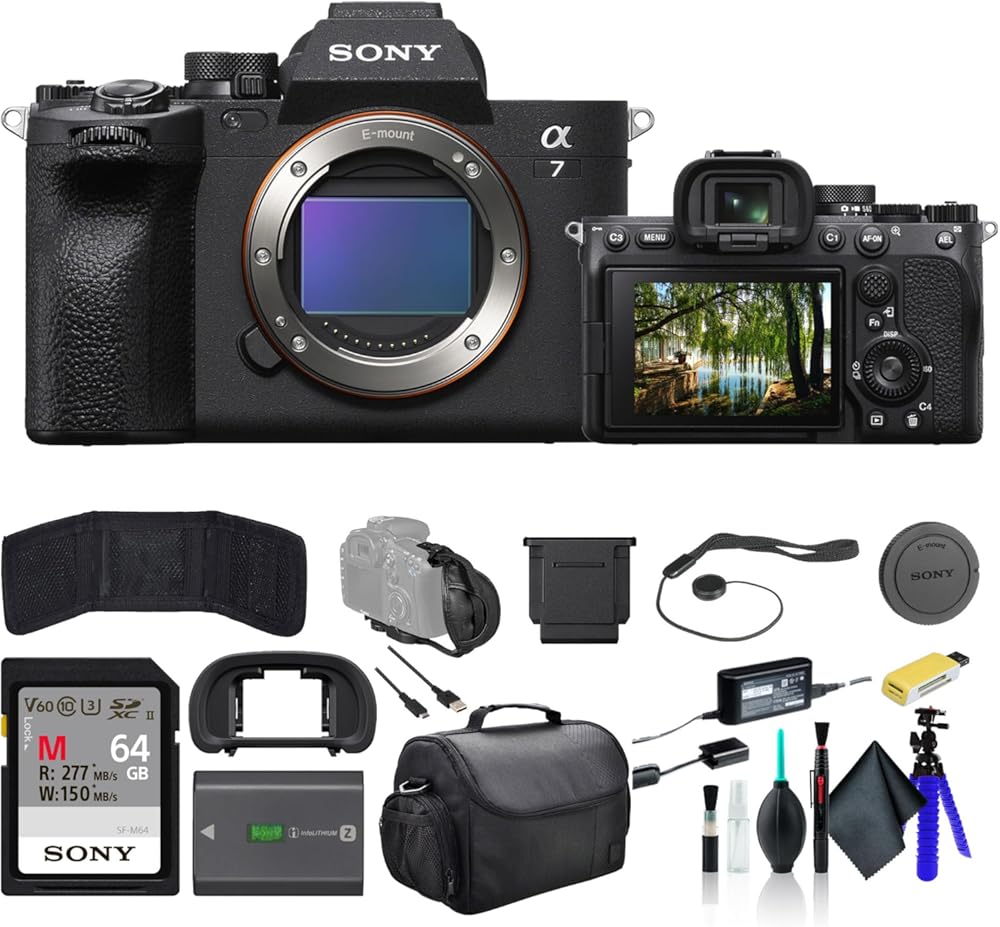Sony a7 IV Mirrorless Camera ILCE-7M4/B, 64GB Memory Card, Bag, Card Reader, Flex Tripod, Hand Strap, Memory Card Wallet, Cap Keeper, Cleaning Kit
