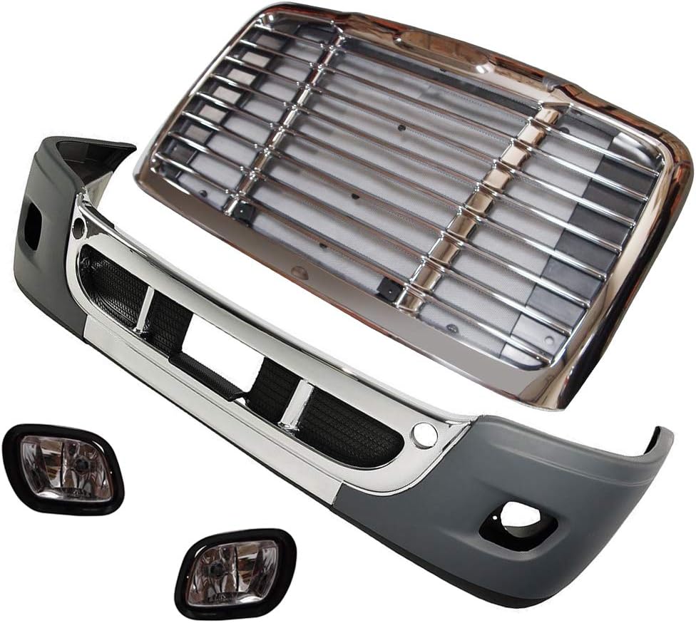 QSC Truck Parts Complete Chrome Bumper Fog Light Grille Set for Freightliner Cascadia 08-17