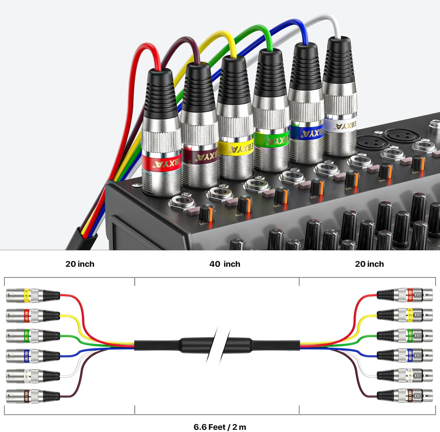 EBXYA 6 Ft XLR Snake Cables 6 Colored, 6-Channel Microphone Patch Cable XLR Male to Female, Recording Snake for Live, Recording, Studios 2 Pack