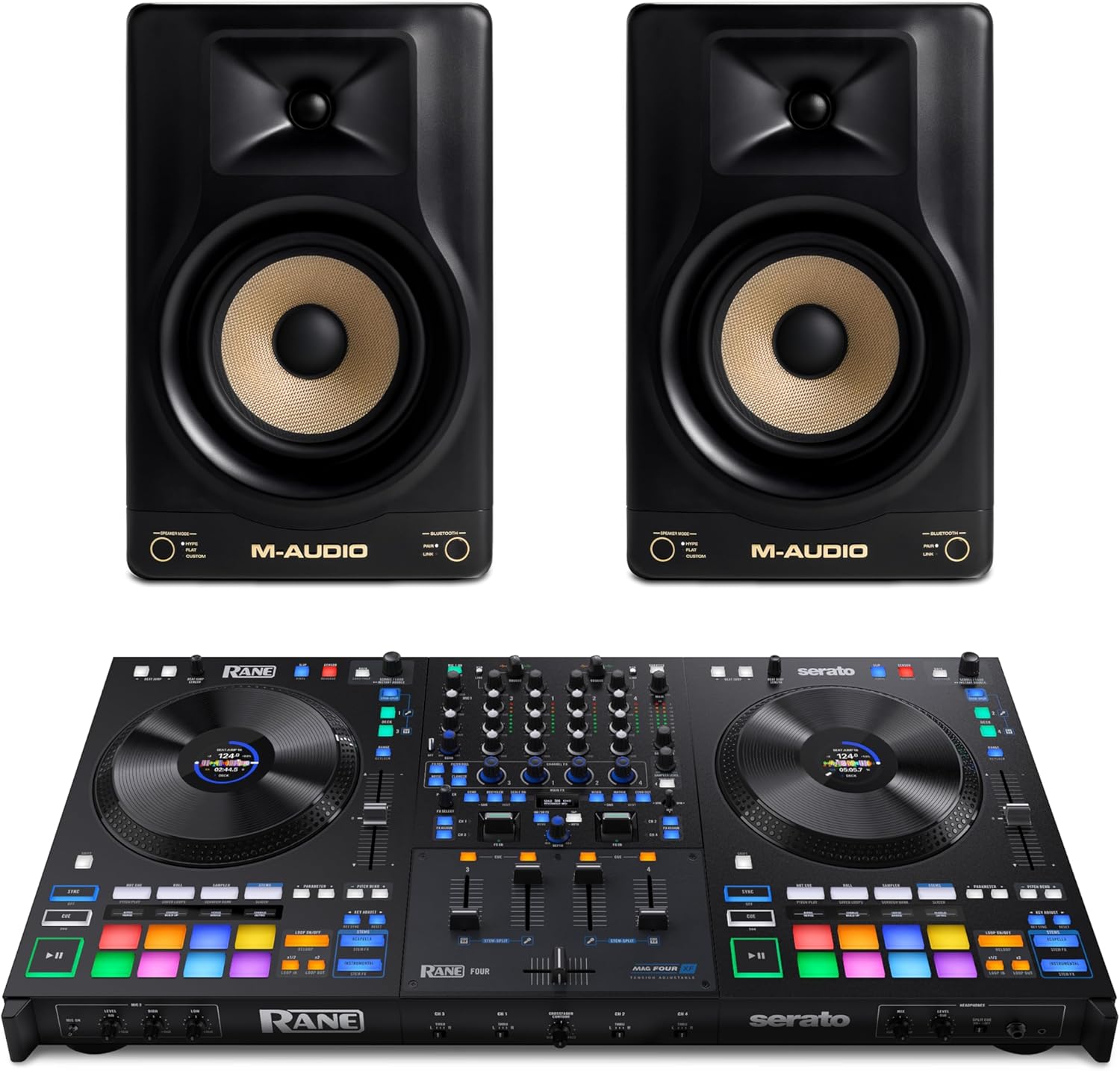 Rane FOUR DJ Controller and M-AUDIO Forty Eighty Pair Studio Monitors for Studio Recording, Music Production, Podcasting, Streaming
