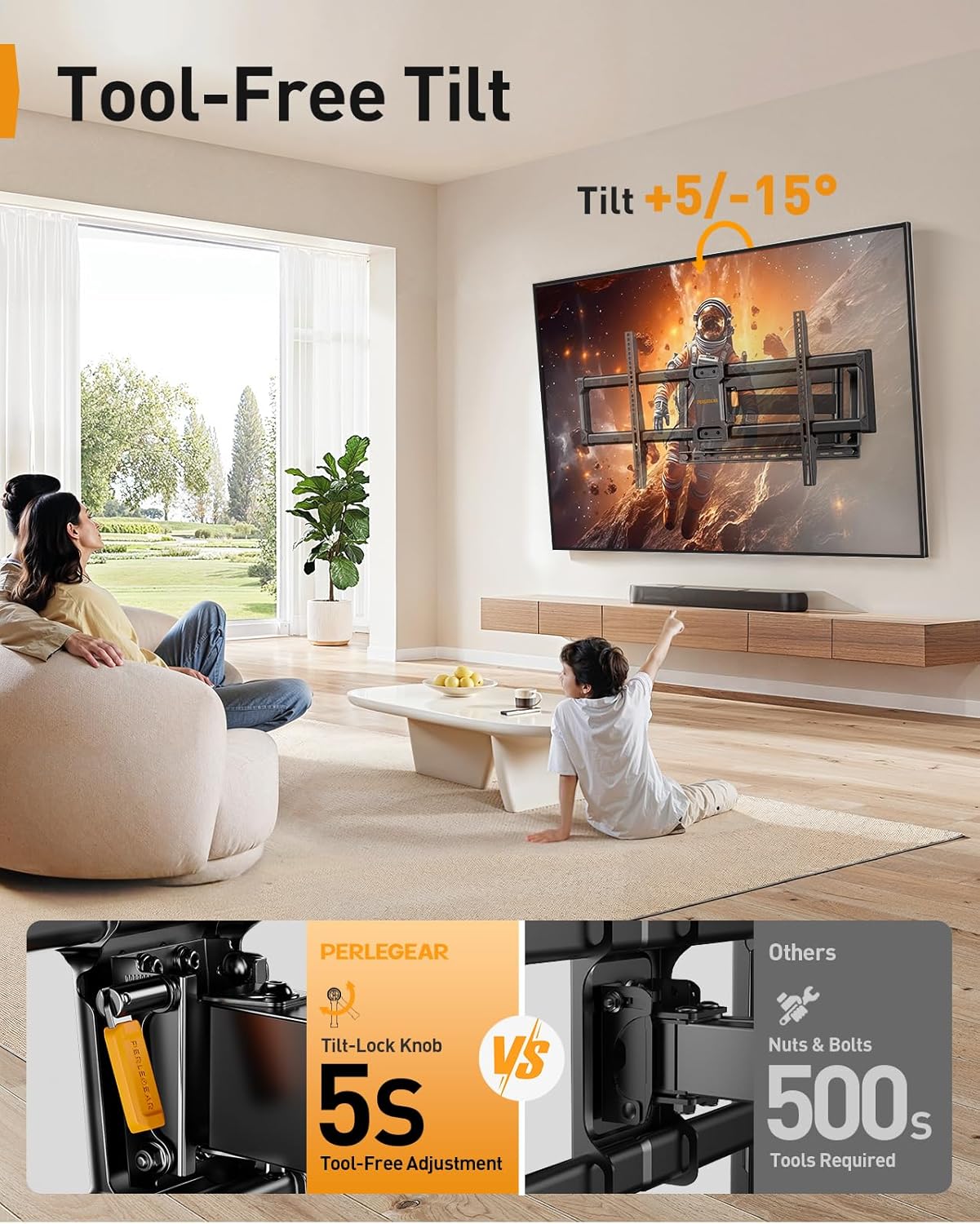 Perlegear Long Arm Full Motion TV Wall Mount for 42–97 Inch TVs up to 150 lbs, Pre-Assembled TV Mount with Full Swivel, Tilt and Extension, Fits 8″/12″/16″/24″ Wood Studs, Max VESA 800x400mm, PGXLF02