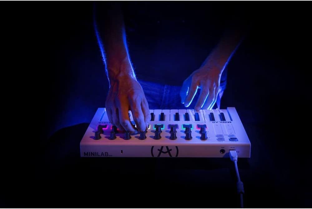 Arturia MiniLab 3 MIDI Keyboard Controller Bundle with Icon Duo22 Live USB Audio Interface, USB Cable & Polishing Cloth - 25 Key MIDI Keyboard for Recording Studio Equipment, Software Included (WHITE)