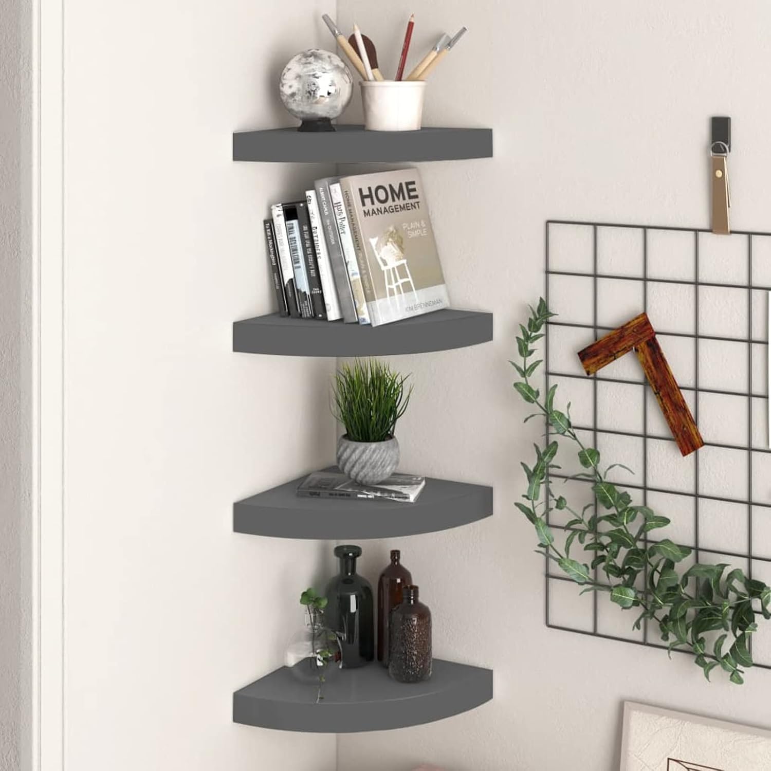 4 pcs Floating Corner Shelf High Gloss Gray, Wall Mount Round End Floating Shelf Display Shelf Storage for Bathroom Bedroom Kitchen Living Room Office 9.8