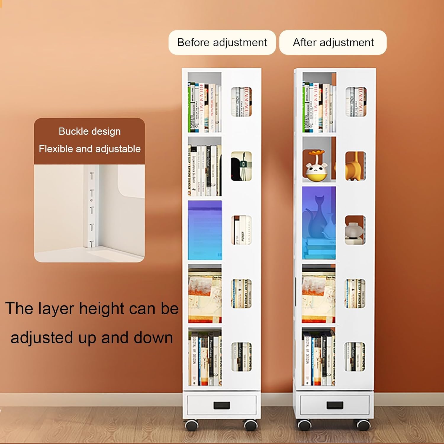 4-Tier Rotating Bookshelf, Freestanding Corner Book Shelf, 360° Spinning Bookcase, Metal Storage Rack with Wheels, for Living Room, Bedroom, Study