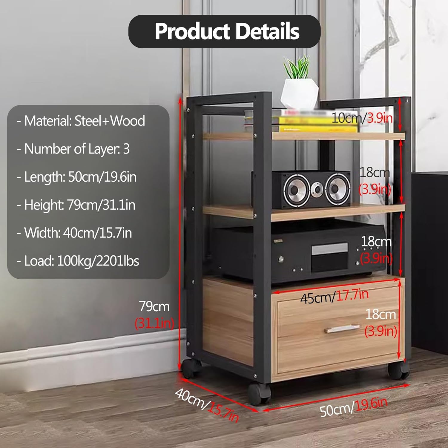 Av Media Stand Corner Shelf - Rack Audio Tower with Adjustable Shelves - 79 100 120Cm Tall Shelf Stand with Wheels - Audio Equipment Rolling Cart Rack Portable for Home,3 Tiers-79cm Tall