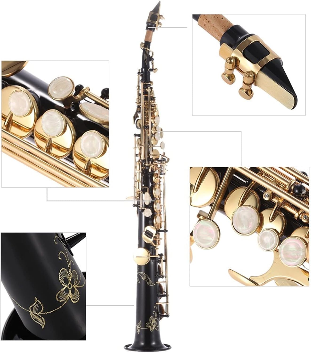 KESHUO Brass Straight Sax Saxophone Bb B Flat Woodwind Instrument Natural Shell Key Carve Pattern with Carrying Case Brass Sax Beginners Kit (Color : Black)