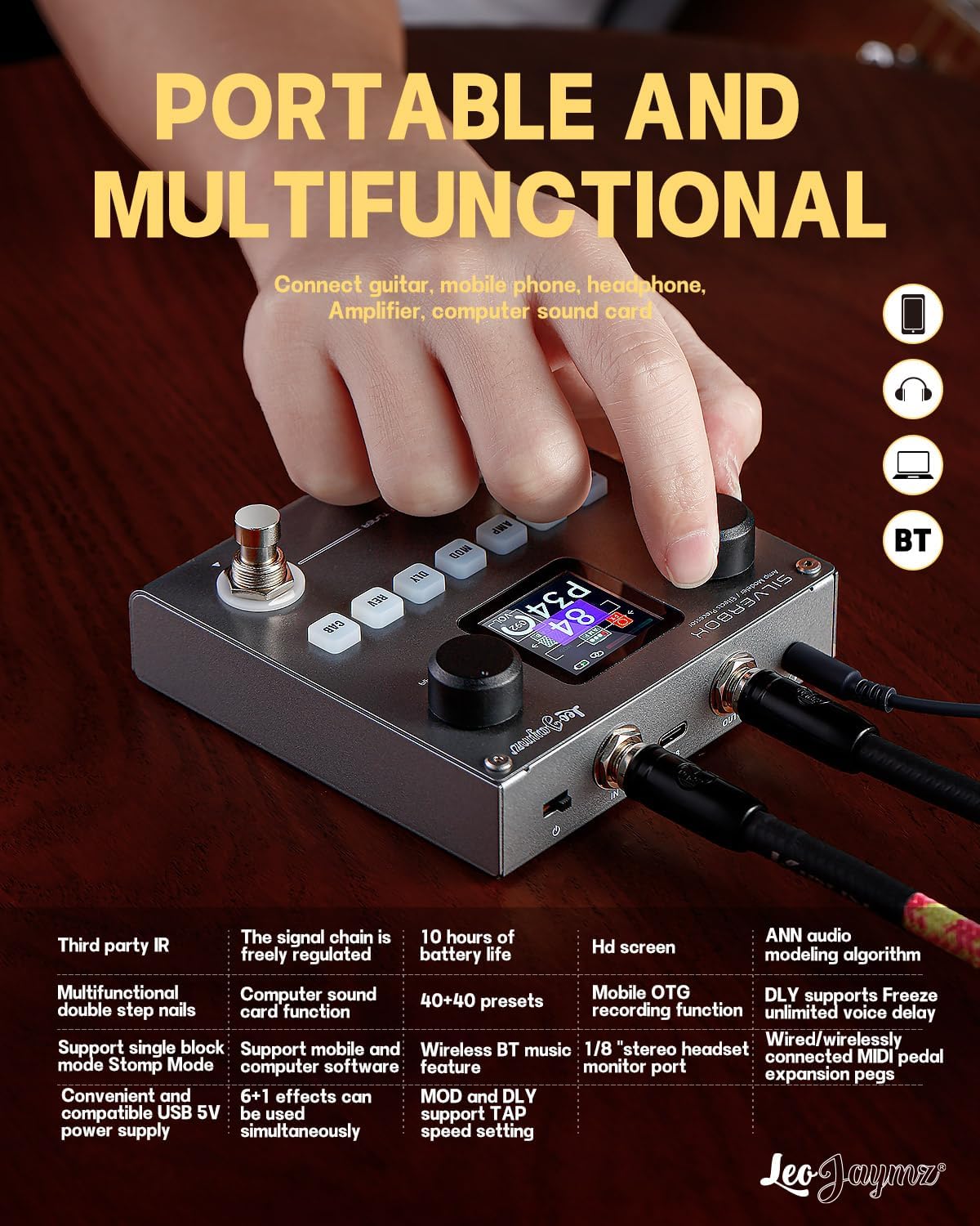Leo Jaymz Portable Multi-Effects Guitar/Bass Amplifier Modeler Effects Processor with 6 Effects Modules, 80 Editable Presets & Rechargeable Battery