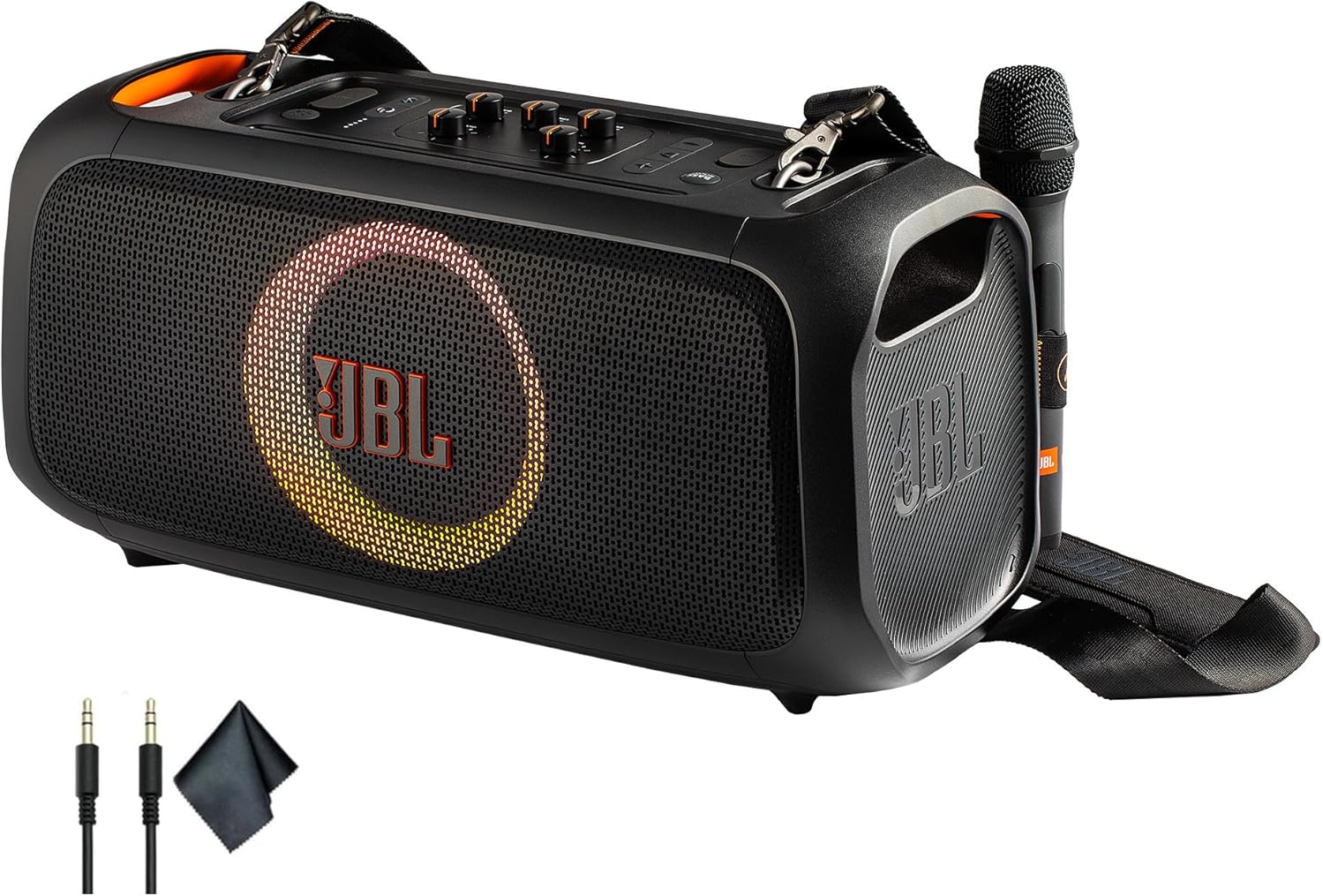 JBL Party On-The-Go Bluetooth Speaker with Mic | 100W Pro Sound, Dynamic Light Show, IPX4 Splashproof, 6-Hour Battery Wireless Karaoke Machine for Outdoor Events Bundle