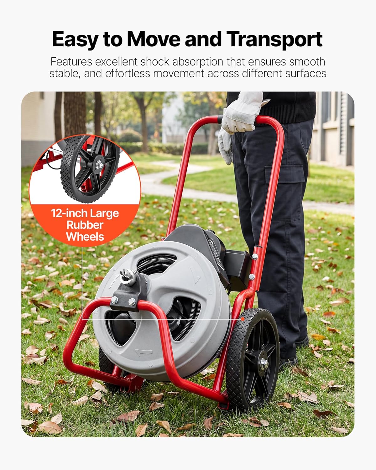 VEVOR Drain Cleaner Machine 75 FT x 3/8 Inch, Sewer Snake Auger Manual Feed on Wheels, Portable Drain Cleaning Machine with 6 Cutters & Air-activated Foot Switch for 2
