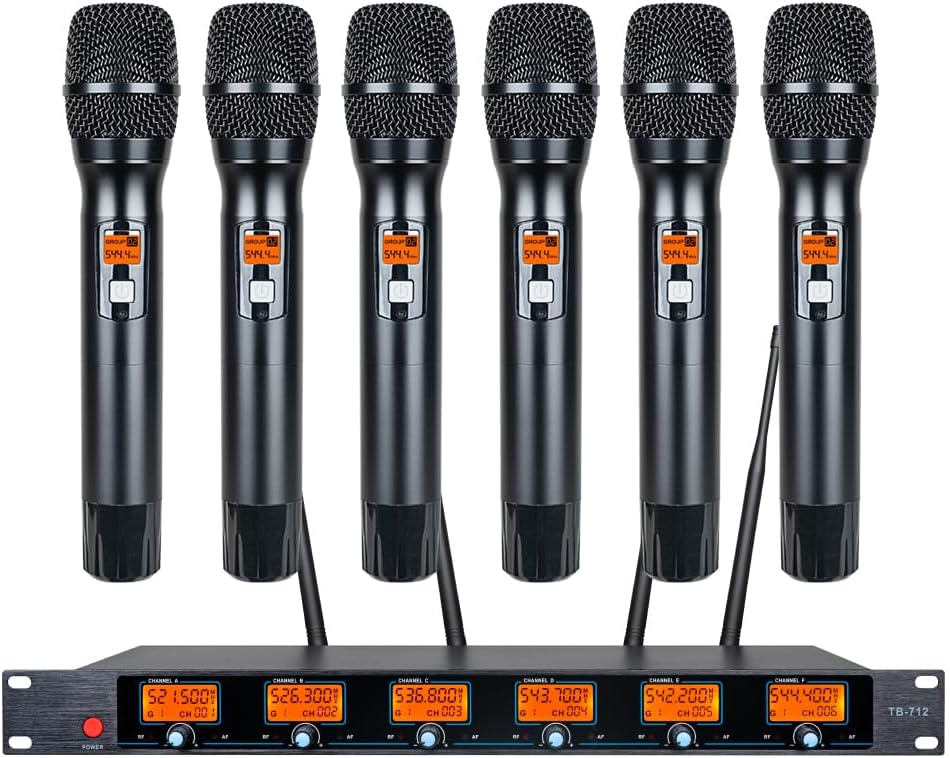Wireless Microphone System 6-Channel Whole Metal Mic Hand-held Microphones UHF for Karaoke Wedding Party School Church