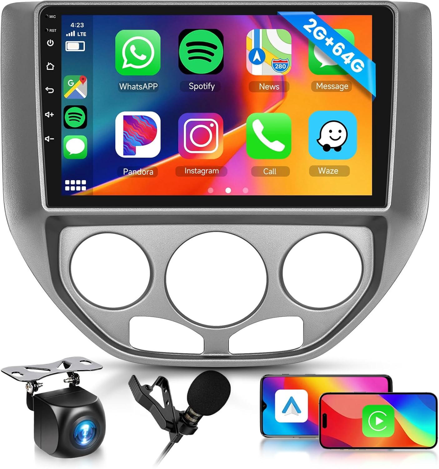 [2G+64G] Car Stereo for Ford Focus 2005-2008 Android Head Unit, Wireless Carplay Android Auto Mirror Link, 9 Inch Touch Screen Car Radio GPS,Bluetooth, WiFi, FM RDS Radio,BT/SWC/EQ