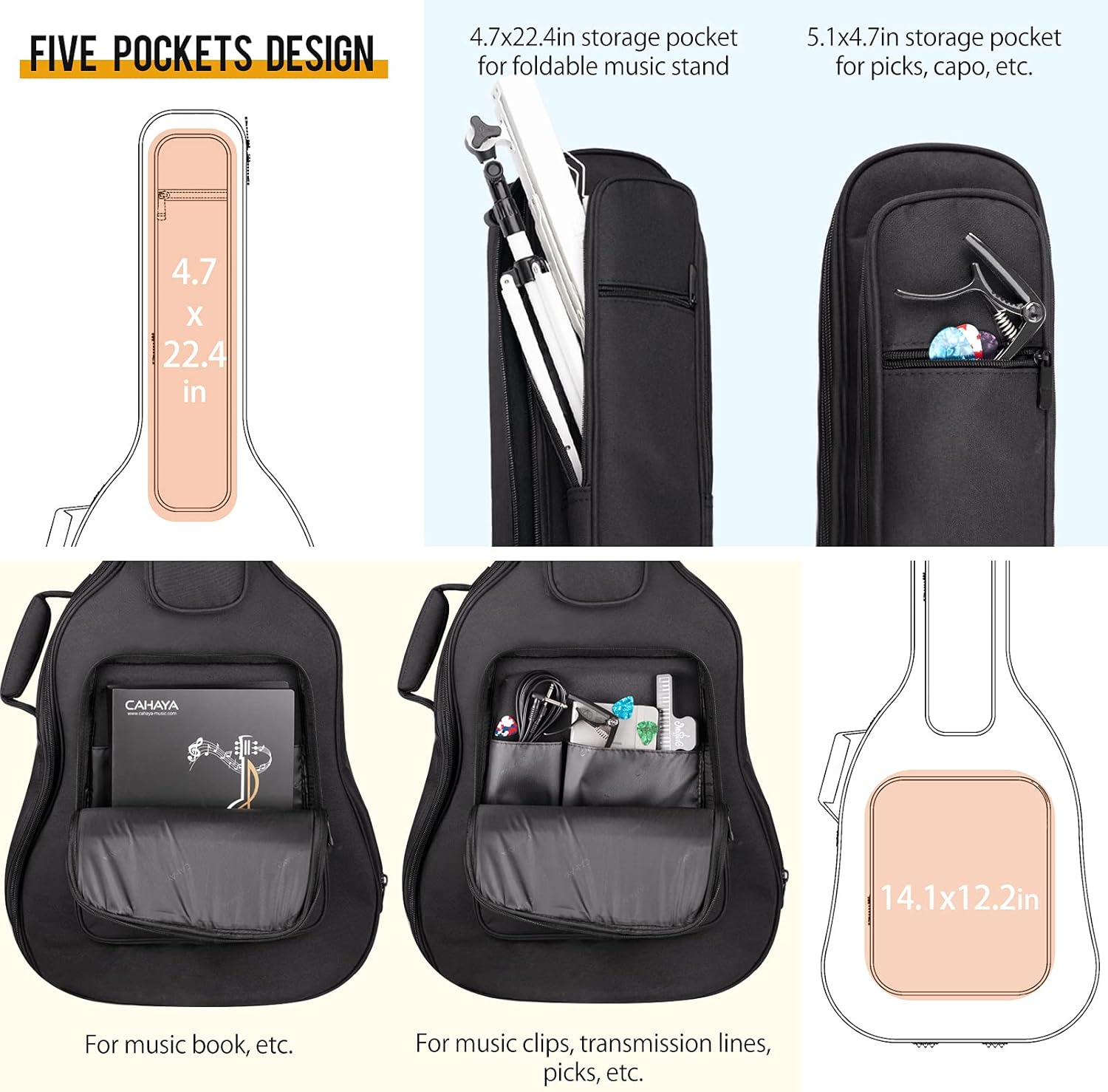 CAHAYA Acoustic Guitar Case Soft Padded Guitar Bag 0.7 In Thick Sponge Reinforced Gig Bag with 5 Pockets,Neck Cradle,Back Hanger Loop for 39 40 41 In Acoustic Classical Guitars CY0244