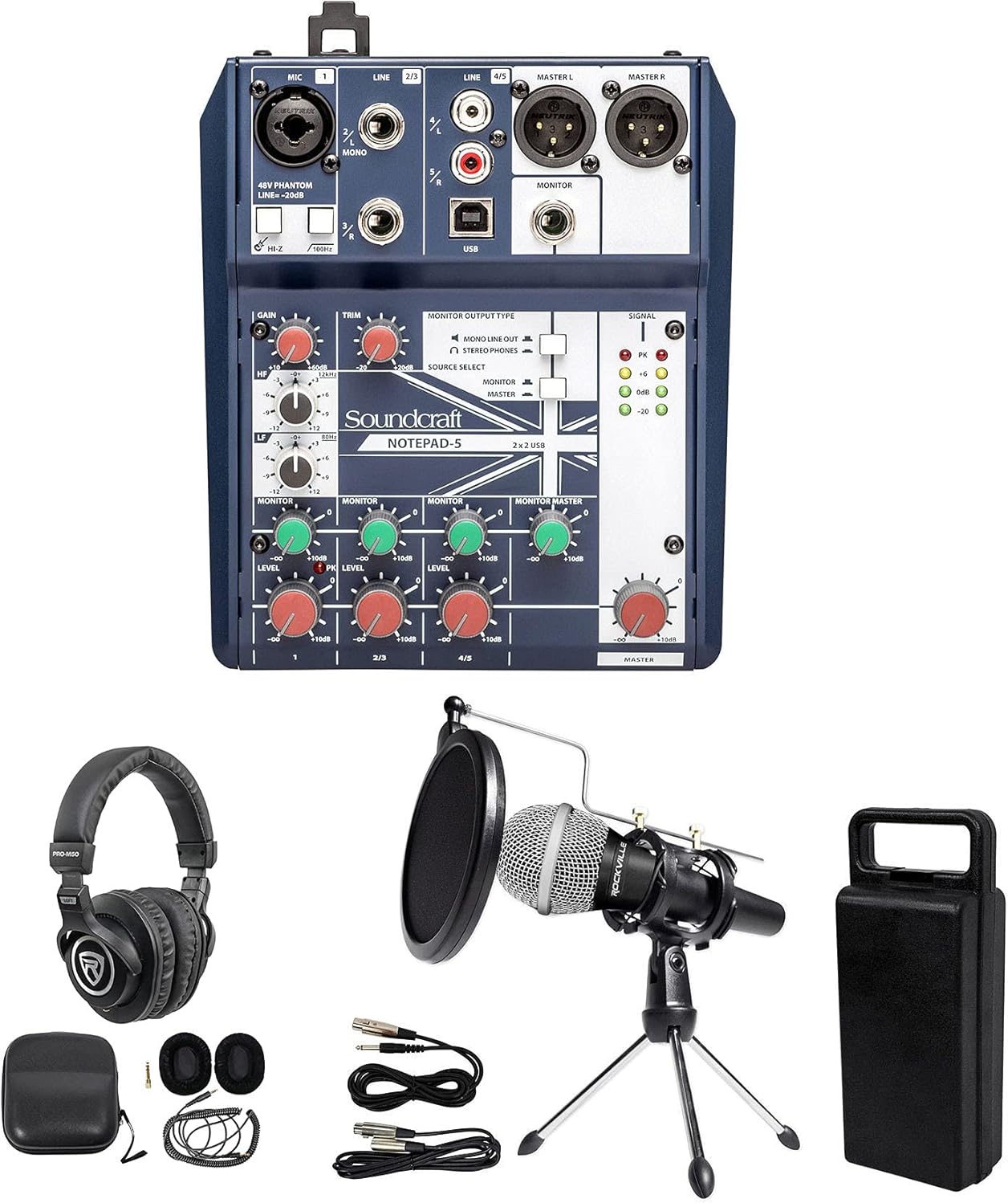 Soundcraft Notepad-5 Channel Podcast Mixer Podcasting Interface Bundle with Rockville PRO-M50 Studio Headphones, RMC-XLR Handheld Wired Mic and RTMS21 Desktop Tripod Mic Stand with Pop Filter