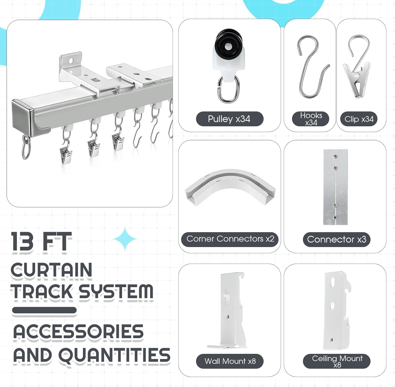Juexica 3ft-13ft / 4 Meter Curtain Track Set with 90 Degree Corner Bends, Ceiling or Wall Mount, Aluminum Heavy Duty Ceiling Mount Adjustable Length Curtain Rails with Rods Clips Hooks (White)