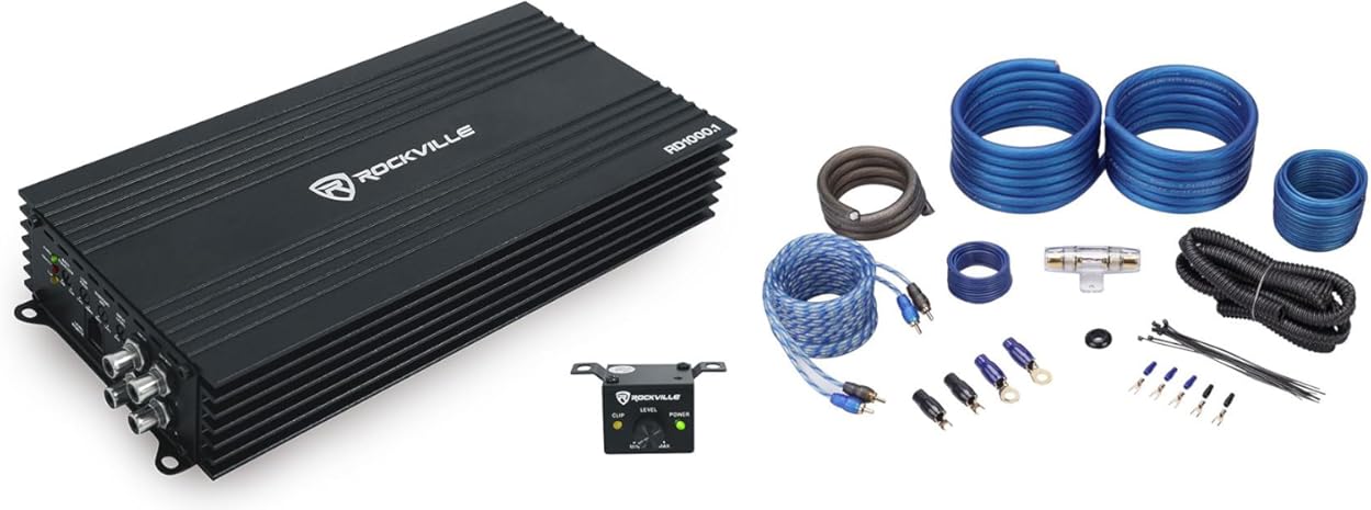 Rockville Bundle: Rockville RD1000.1 1000w RMS @ 1 Ohm (4000w Peak) Mono Amplifier Car Audio Amp Bundle with Rockville RWK41 4 Gauge Complete Car Amp Wiring Installation Wire Kit (2 Items)