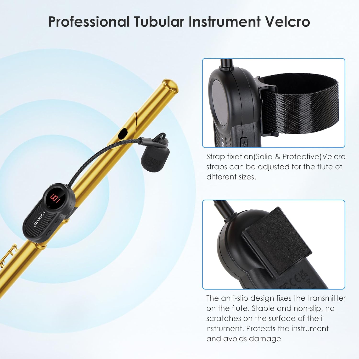 Lococo UHF Wireless Flute Microphone System: Wind Music Instruments Microphone Receiver and Transmitter, 160ft Range with Digital Screen, for Flute, Piccolo, Clarinet