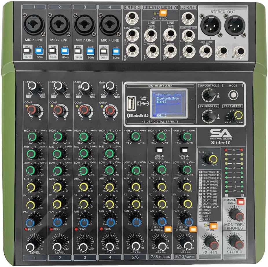 Seismic Audio - Slider10-10 Channel Mixer Console with Bluetooth, USB and Effects