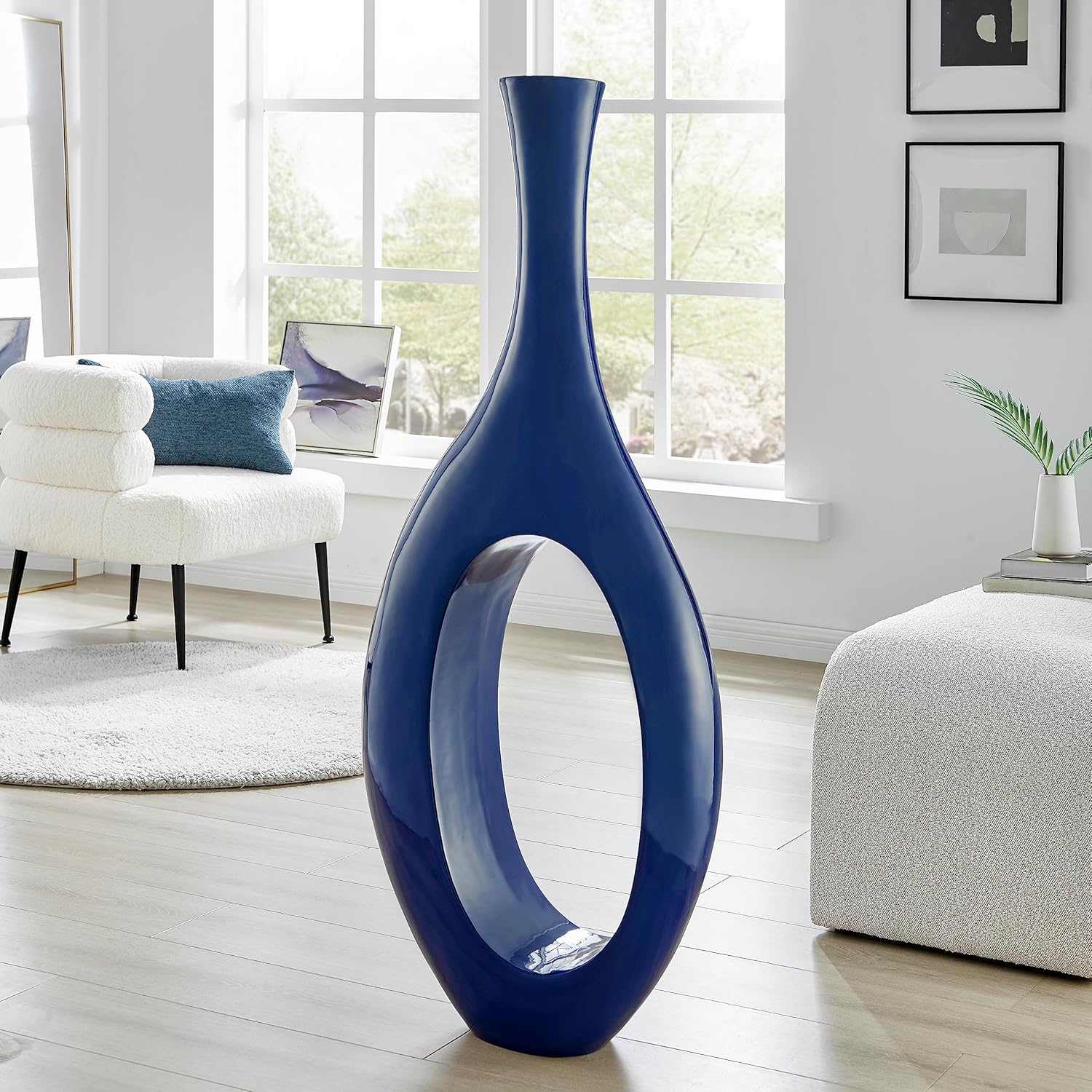 Finesse Decor Modern Abstract Resin Trombone Decorative Vase Handcrafted Home Decor Accents, Small, Navy Blue