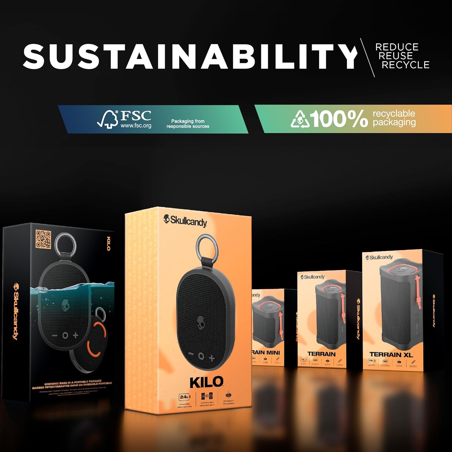 Skullcandy Terrain XL Wireless Bluetooth Speaker - IPX7 Waterproof Portable Speaker, 18 Hour Battery, Nylon Wrist Wrap, True Wireless Stereo (Black)