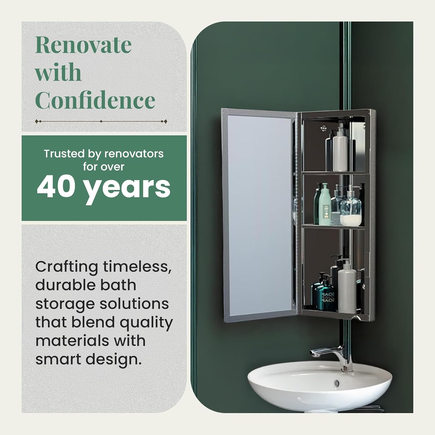 Renovators Supply Infinity Corner Medicine Cabinet with Mirror - Triple Shelf Storage Cabinet - Modern Wall Mount Medicine Cabinet - 23.6 in., Right Open, Polished Stainless Steel, Pack of 1