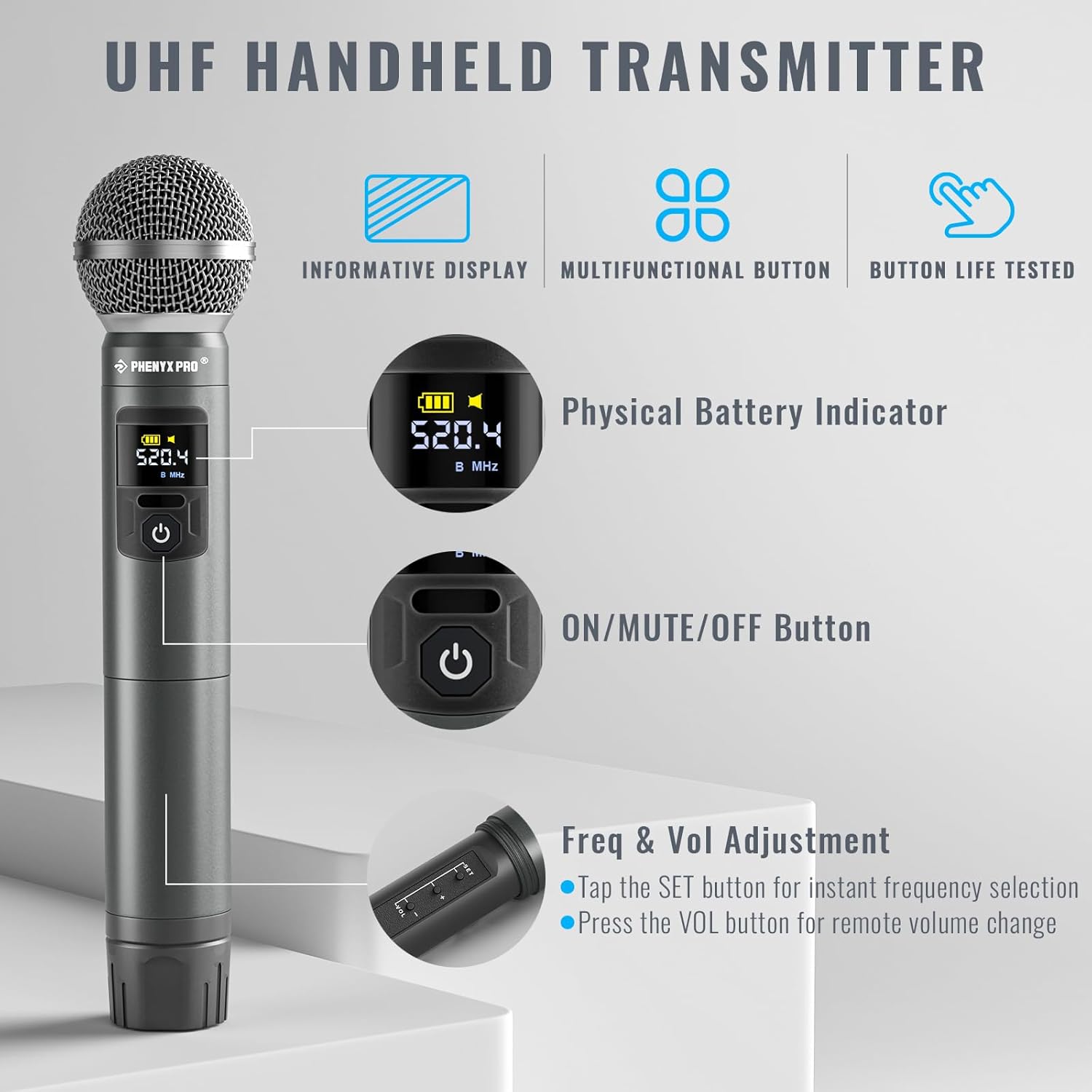 Phenyx Pro Wireless Microphone System, Metal Wireless Mic Set, Handheld Cordless Dynamic Microphones for Singing, Karaoke, Church, 2x30 UHF Tunable Frequencies,200 ft Range (PTU-52-2H)