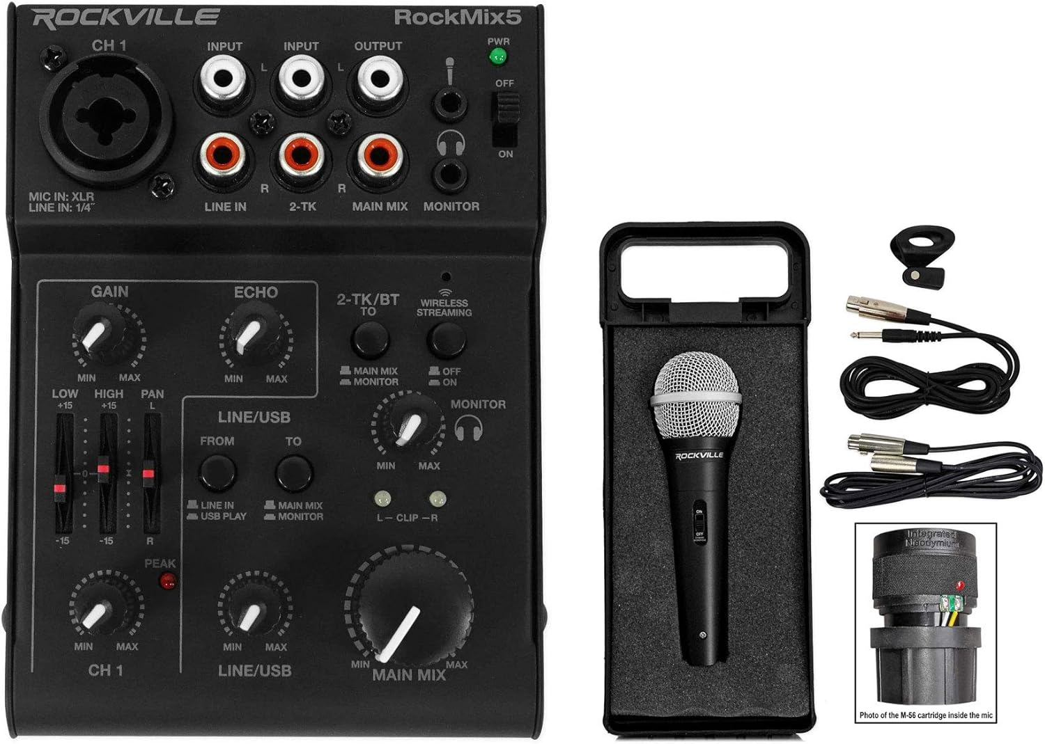 Rockville Bundle: RockMix 5-Channel Pro Mixer w/USB Interface, Bluetooth, Echo, EQ Bundle with RMC-XLR High-End Metal DJ Handheld Wired Microphone Mic w (2) Cables (2 Items)