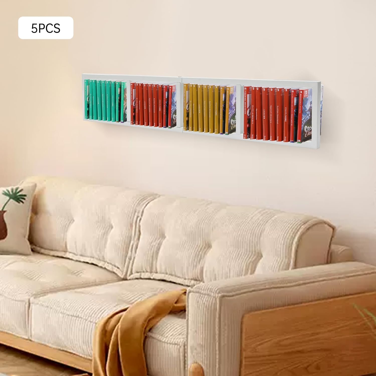 34-Inch Wall-Mount Media Storage Rack Set of 5, White Metal Floating Shelves for CD DVD Video Game Storage, Wall Organizer Cube Shelf for Home Office Bedroom Living Room