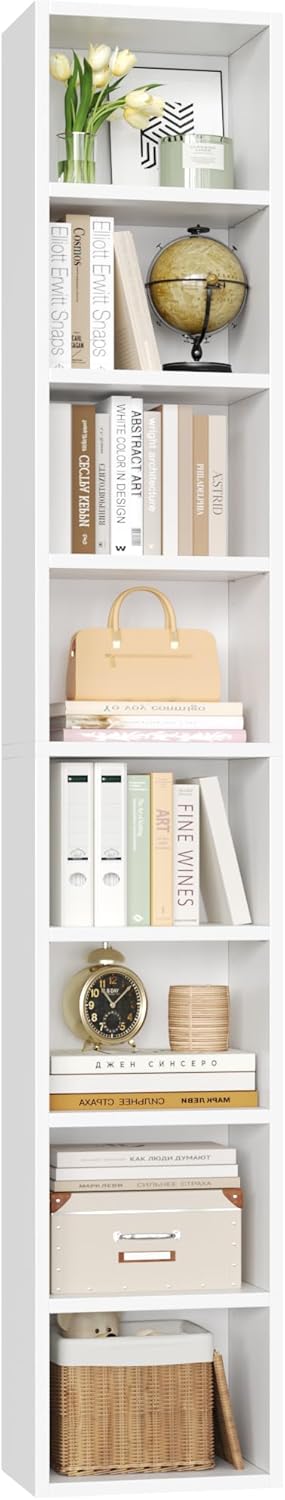 FOTOSOK 8-Tier Media Tower Rack, 11.6 X 9.3 X 70.9 Inches CD DVD Slim Storage Cabinet with Adjustable Shelves, Tall Narrow Bookcase Display Bookshelf for Home Office, White
