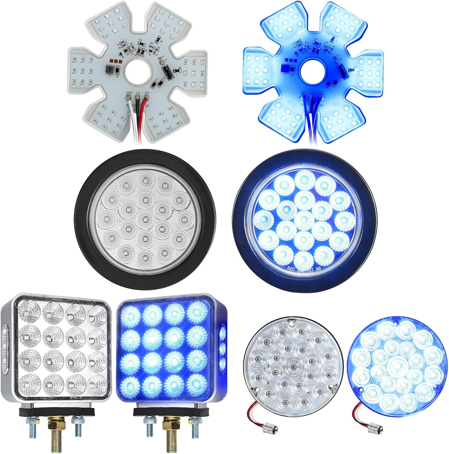 Partsam 2x 4 Blue Round Tail Lights 1157, 2x 4.8 Blue Air Breather Lights, 2x 38LEDs Square Double Face Amber Red Blue, 2x 4 Red Blue Round Tail Lights