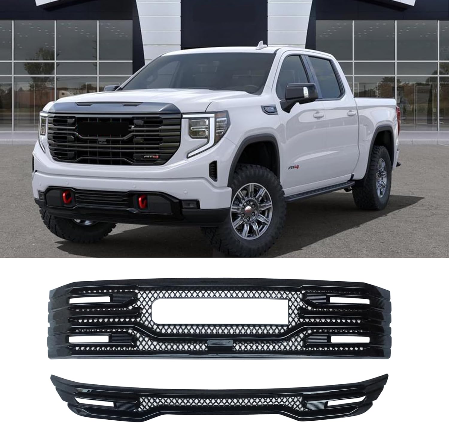 NINTE Front Lower Grill Cover For 2022-2025 GMC SIERRA 1500 SLT AT4 Gloss Black Painted Front Grille Cover Car Accessories Exterior Trim (Not the Replacement)