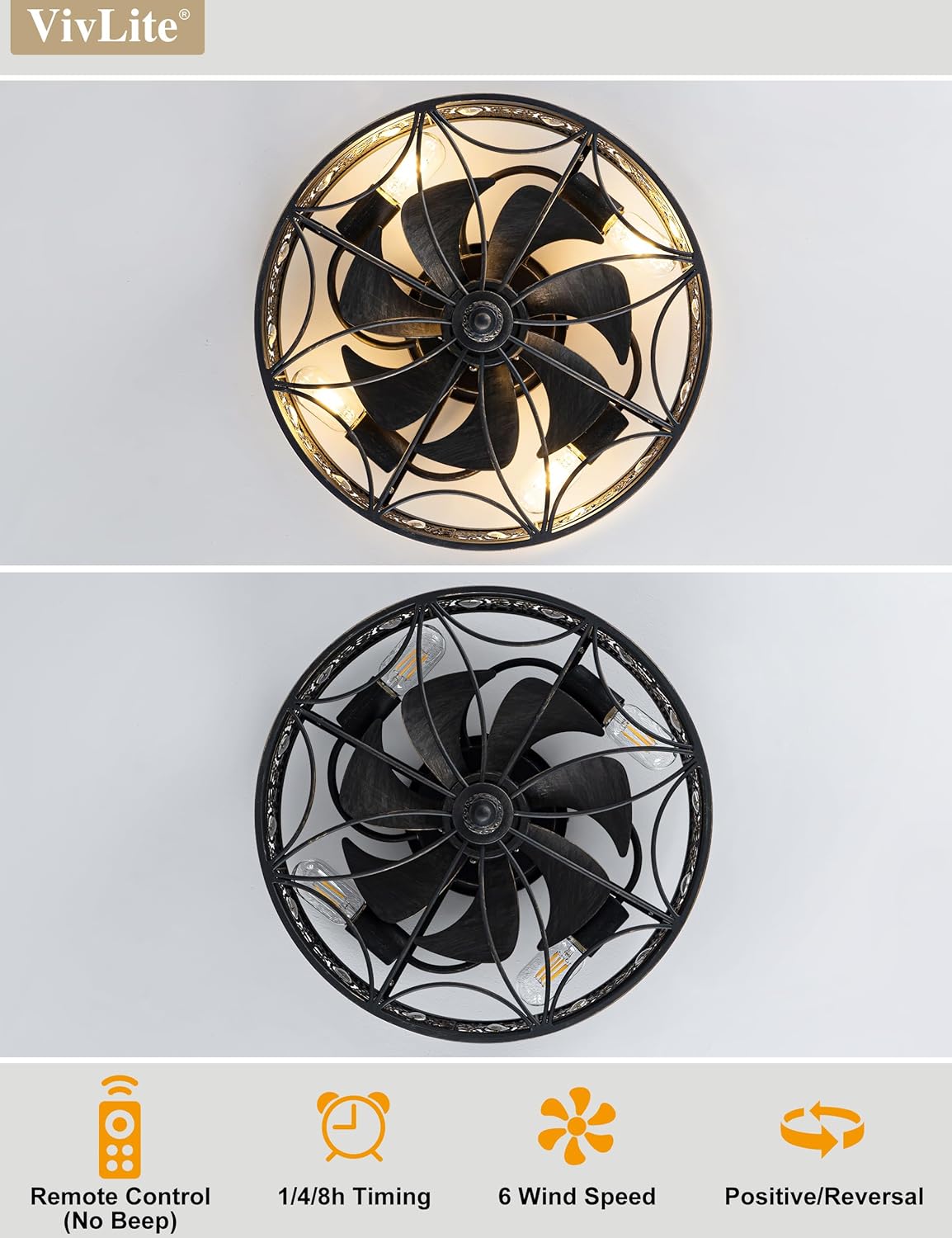 Caged Ceiling Fans with Lights,Vintage Victorian Rustic Crystal Fandelier,Low Profile Flush Mount,Small Enclosed Bladeless Ceiling Fan with Light for Bedroom,Kitchen,Living Room,Dining Room