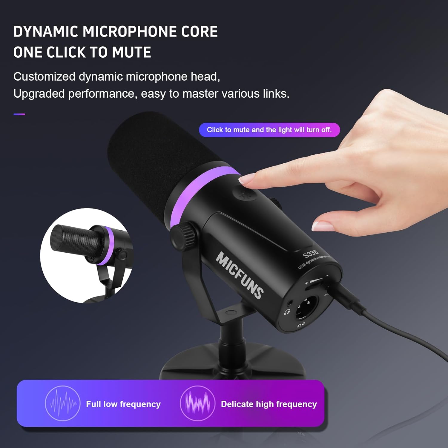 Micufuns Vocal Dynamic Microphone, XLR/USB Podcast Recording PC Microphone,Studio Metal Mic with Mute, Headphone Jack, Monitoring Volume Control,with RGB Microphone Boom arm (M338-A)