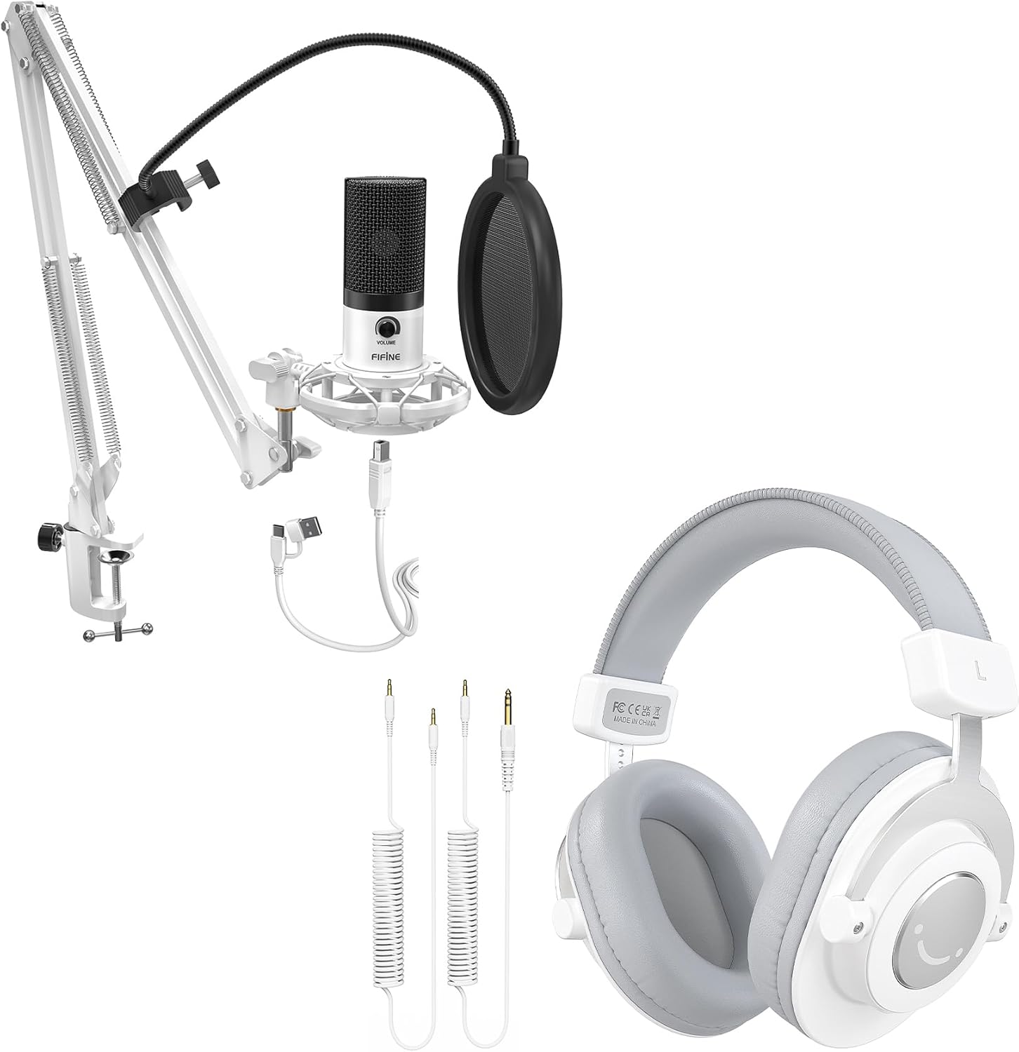 FIFINE Recording Condenser Microphone Kit with Wired Headphones, Studio Podcast Mic with Boom Arm, Gain Knob, Pop Filter, Over-Ear Headphones for Vocal, Music Creation, Singing (T669+H8 White)