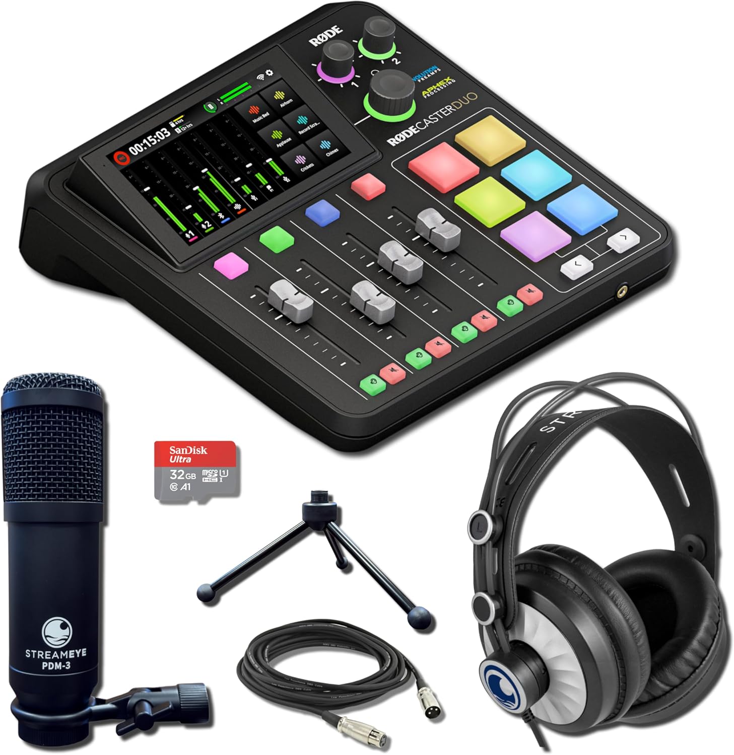 Rode RODECaster Duo Streaming Mixer with StreamEye PDM-3 Podcast Equipment Bundle and microSD Card with Adapter