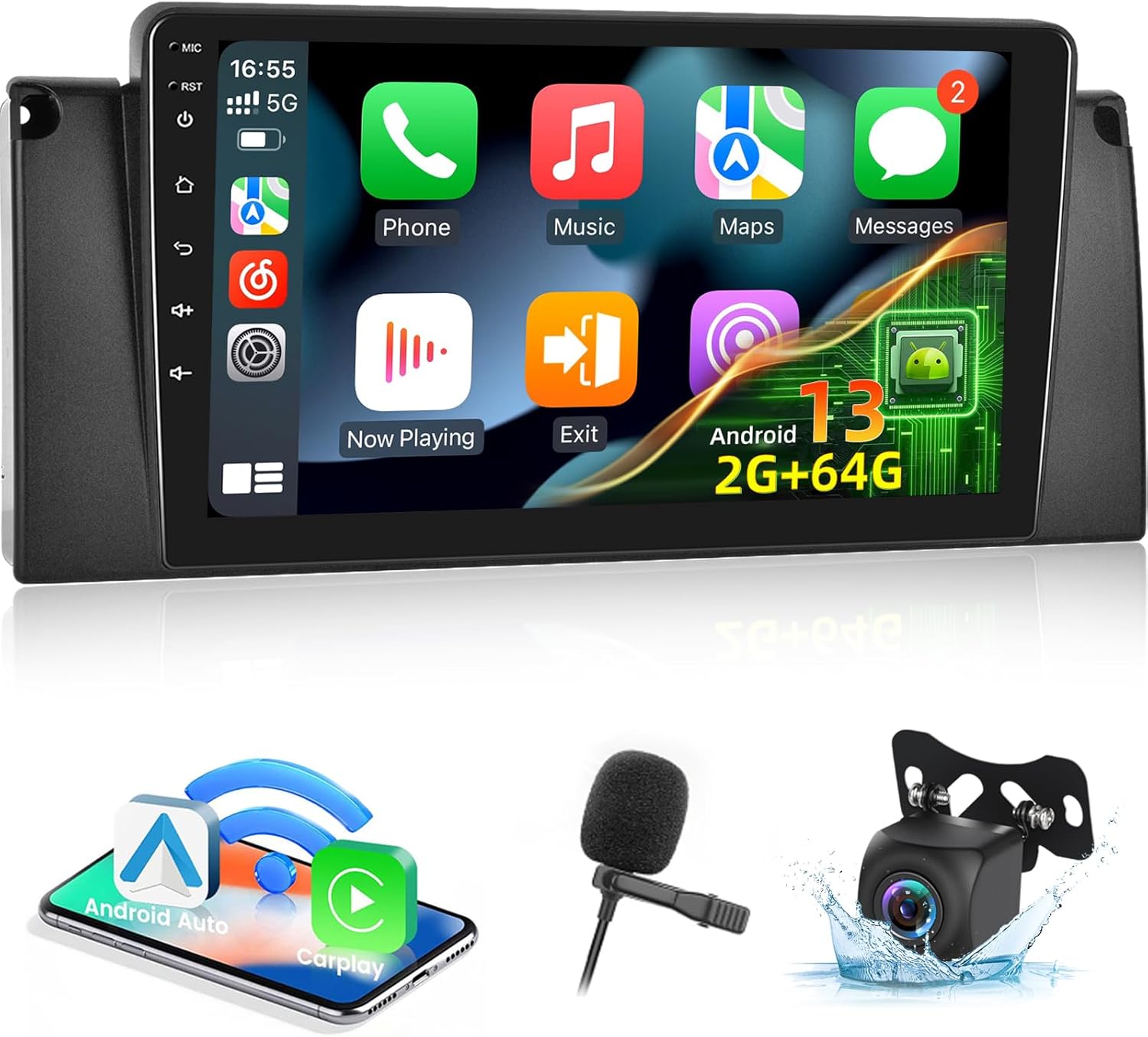 2+64G for BMW E53 X5 1999-2005 Car Stereo with Wireless Carplay & Android Auto - 9 Inch Touch Screen Radio with WiFi, GPS, EQ, FM RDS + AHD Backup Camera & MIC